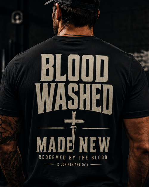 A man viewed from behind wearing a black t-shirt with a large distressed beige graphic on the back that reads 'BLOOD WASHED MADE NEW' and 'REDEEMED BY THE BLOOD 2 CORINTHIANS 5:17'.