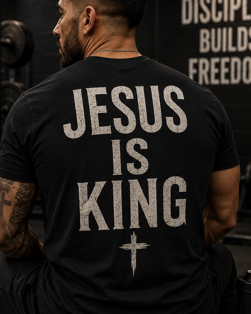 A man viewed from behind wearing a black t-shirt with a distressed white graphic that reads 'JESUS IS KING' above a cross, set in a gym environment.